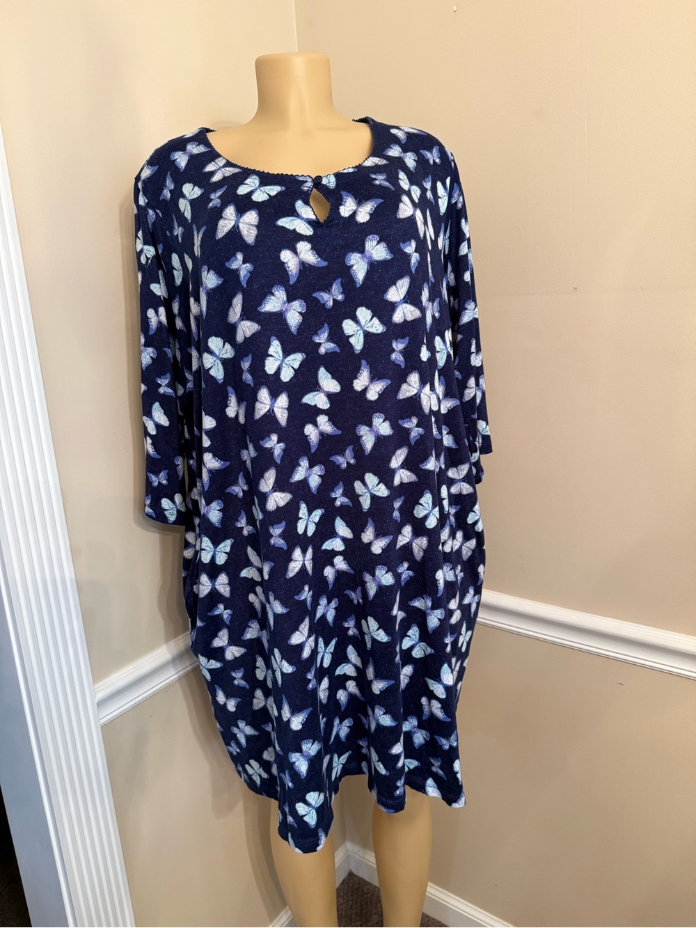croft & barrow Navy Blue Butterfly Print Long Sleeve Shift Dress Loungewear